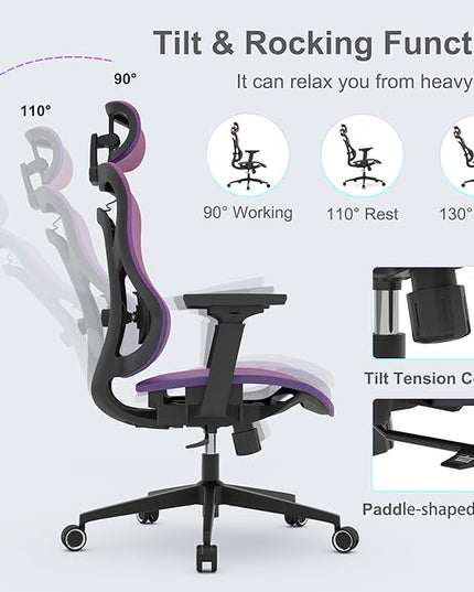 Ergonomic Mesh Office Chair, Gradient Purple Desk Chair with 3D Armrests, Adaptive Thoracic Support, 3D Lumbar Support & Adjustable Headrest, high Back Home Swivel Computer Chair with Tilt Function - LeafyLoom