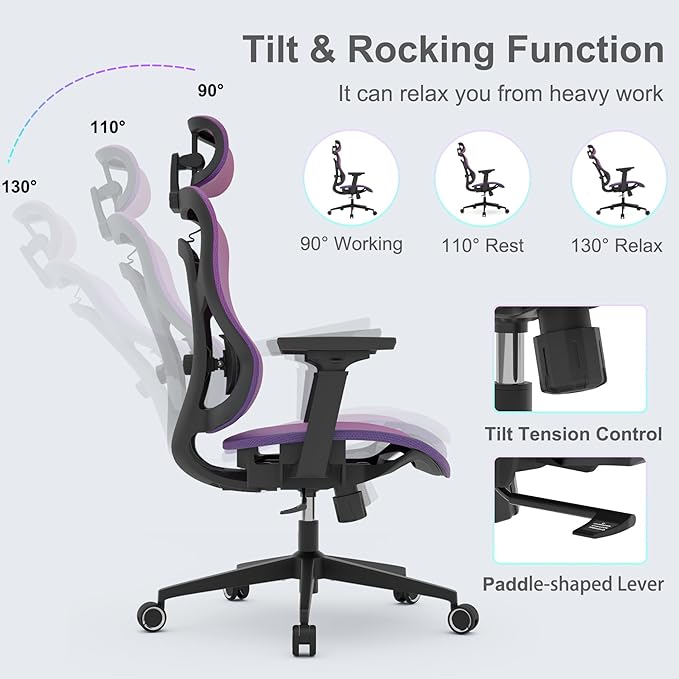 Ergonomic Mesh Office Chair, Gradient Purple Desk Chair with 3D Armrests, Adaptive Thoracic Support, 3D Lumbar Support & Adjustable Headrest, high Back Home Swivel Computer Chair with Tilt Function - LeafyLoom