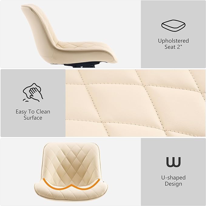 YOUNUOKE Comfortable Desk Chair, Home Office Chairs with Wheels, Armless Samll Comfy Vanity Chairs, PU Leather Computer Task Work Desk Chairs, Beige - LeafyLoom