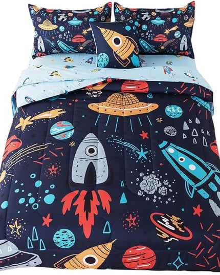ADASMILE A & S Kids Space Comforter Set 6 Pieces Space Bedding Twin Size for Boys Space Ship Rocket Bedding Galaxy Bed in a Bag Comforter Twin Outer Space Bed Set with Blue Space Sheets Home Decor - LeafyLoom