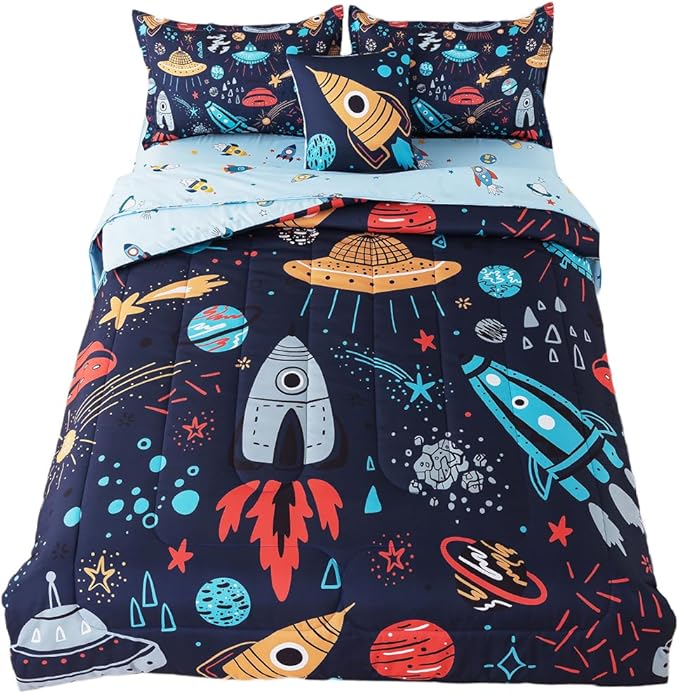 ADASMILE A & S Kids Space Comforter Set 6 Pieces Space Bedding Twin Size for Boys Space Ship Rocket Bedding Galaxy Bed in a Bag Comforter Twin Outer Space Bed Set with Blue Space Sheets Home Decor - LeafyLoom