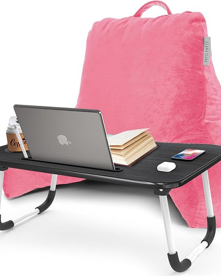 Clara Clark Reading Pillow with Portable Lap Desk for laptop Set, Back Pillow for Sitting Up in Bed, Memory Foam Back Support Pillow, Bed Rest Pillow with Foldable Laptop Desk, Standard - Light Pink - LeafyLoom