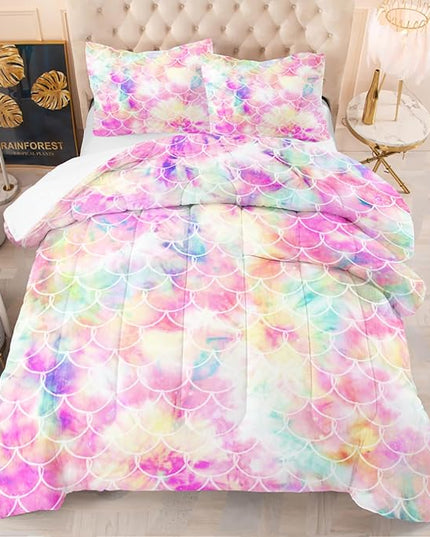 NINENINE Mermaid Comforter Bedding Set,Girls Twin Size Bedding Set,Mermaid Bedding Set,Rainbow Scales Bedding Sets with 1Comforter 1Pillowcase - LeafyLoom
