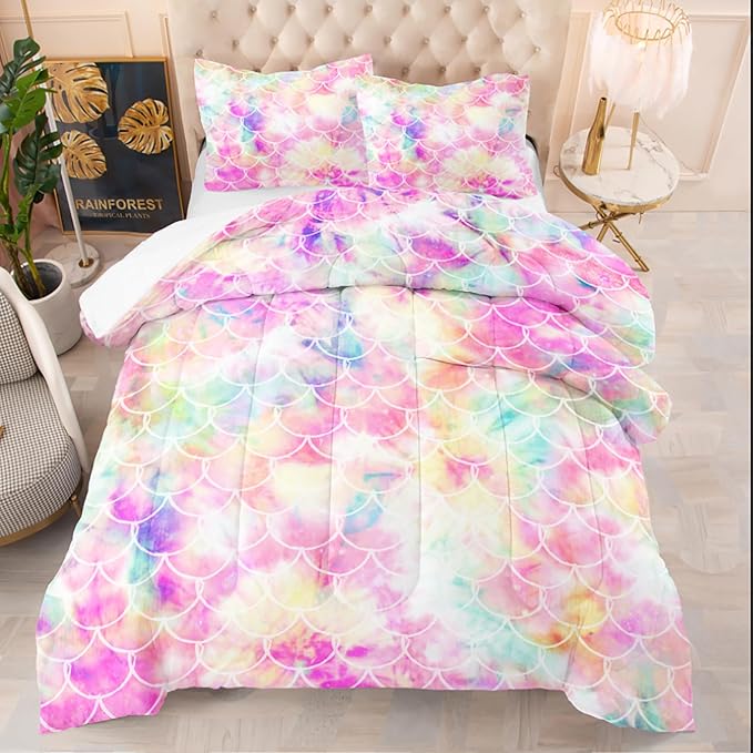NINENINE Mermaid Comforter Bedding Set,Girls Twin Size Bedding Set,Mermaid Bedding Set,Rainbow Scales Bedding Sets with 1Comforter 1Pillowcase - LeafyLoom