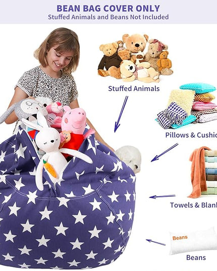 Aubliss Stuffed Animal Storage Bean Bag Chair Cover (No Beans)，Stuff and Sit Storage Bean Bag for Kids Toy Storage, X-Large 48"-Canvas Stars Royal Blue - LeafyLoom