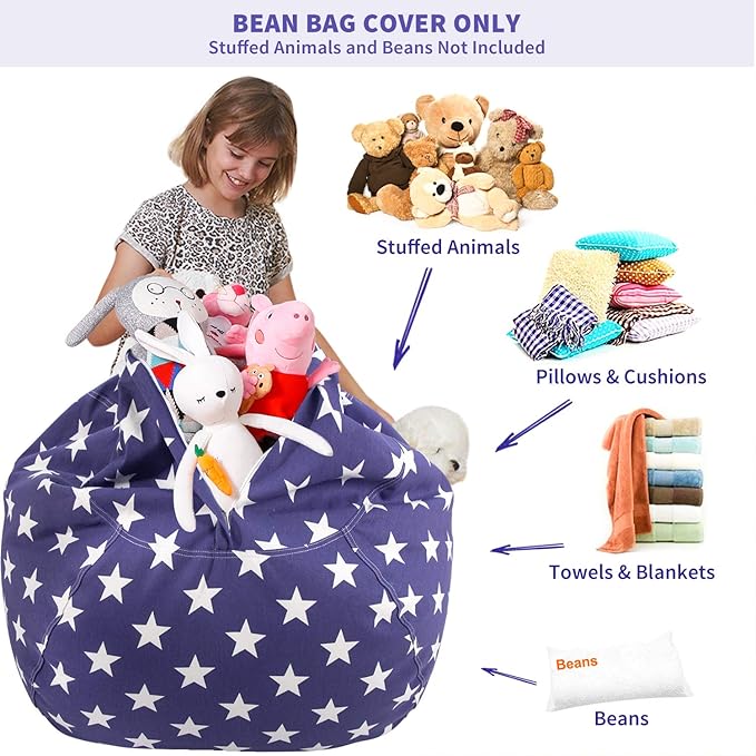 Aubliss Stuffed Animal Storage Bean Bag Chair Cover (No Beans)，Stuff and Sit Storage Bean Bag for Kids Toy Storage, X-Large 48"-Canvas Stars Royal Blue - LeafyLoom