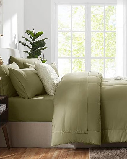 CozyLux King Size Comforter Set - 7 Pieces Bed in a Bag Set Olive Green, King Bedding Set with All Season Quilted Comforter, Flat Sheet, Fitted Sheet, Pillowcases - LeafyLoom