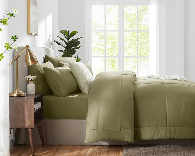 CozyLux King Size Comforter Set - 7 Pieces Bed in a Bag Set Olive Green, King Bedding Set with All Season Quilted Comforter, Flat Sheet, Fitted Sheet, Pillowcases - LeafyLoom