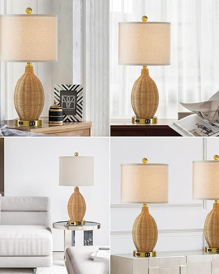 Touch Control Rattan Table Lamps, 3 Way Dimmable Bedside Lamps for Bedroom Set of 2 with 2 USB Ports and AC Outlet, Gold Wicker Nightstand Lamps for Living Room Office (LED Bulbs Included) - LeafyLoom