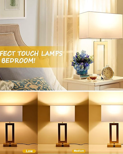 22’’ Set of 2 Touch Control Table Lamps w. 2 USB Ports, 3-Way Dimmable Bedroom Bedside Nightstand, Modern Gold&White Touch Lamps for Living Room End Table, LED Bulbs Included - LeafyLoom