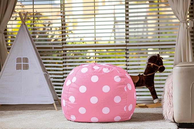 Wekapo Stuffed Animal Storage Bean Bag Chair Cover for Kids | Stuffable Zipper Beanbag for Organizing Children Plush Toys Large Premium Cotton Canvas (Pink Dot, X-Large) - LeafyLoom