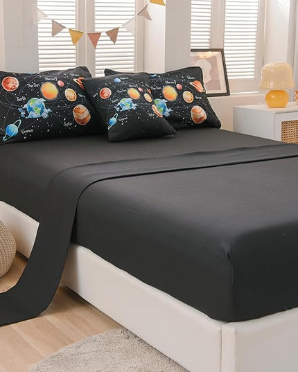 6 Pcs Outer Space Bedding Set Twin Solar System Comforter Set Universe Planets Theme Comforter for Boys Kids Ultra-Soft (1 Comforter, 2 Pillowcases, 1 Flat Sheet, 1 Fitted Sheet,1 Pillowcover) - LeafyLoom