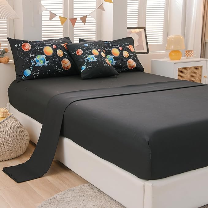 6 Pcs Outer Space Bedding Set Twin Solar System Comforter Set Universe Planets Theme Comforter for Boys Kids Ultra-Soft (1 Comforter, 2 Pillowcases, 1 Flat Sheet, 1 Fitted Sheet,1 Pillowcover) - LeafyLoom
