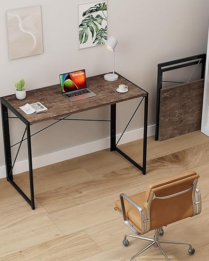 Coavas Folding Desk No Assembly Required, 31.5 inch Writing Computer Desk Space Saving Foldable Table Simple Home Office Desk,Brown - LeafyLoom