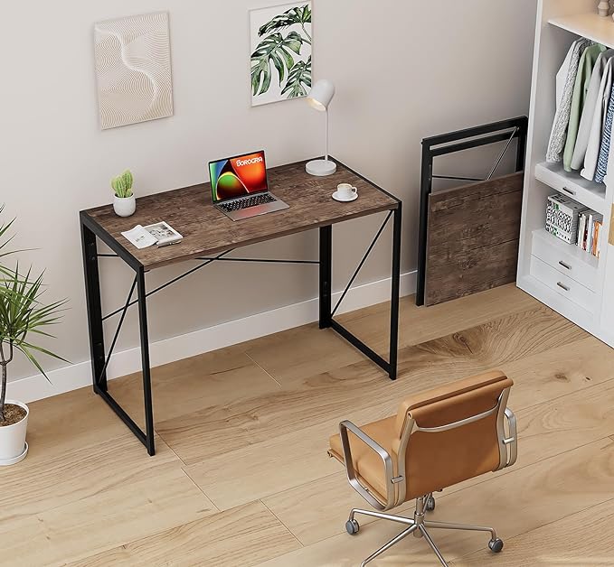 Coavas Folding Desk No Assembly Required, 31.5 inch Writing Computer Desk Space Saving Foldable Table Simple Home Office Desk,Brown - LeafyLoom