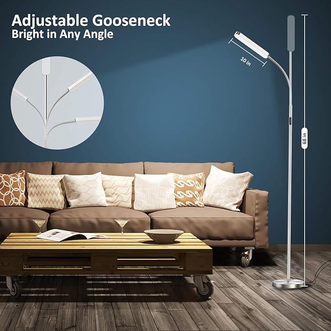 Floor Lamp, 15w/1000lm Bright LED Floor Lamp with Stepless Adjustable 3000K-6000K Colors and Dimmer, Remote and Touch Control Reading Lamp, Adjustable Gooseneck Floor Lamp for Living Room - LeafyLoom