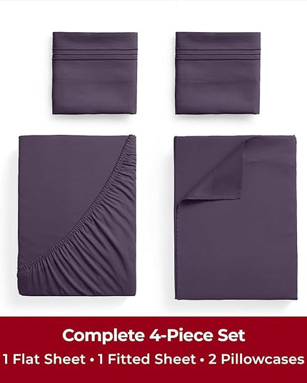 Mellanni Twin XL Sheets Set - 4 Piece Iconic Collection Bedding Sheets & Pillowcases - Soft, Cooling Bed Sheets - Deep Pocket up to 16 inch - 4 PC (Twin Extra Long, Purple w/Extra Pillow Case) - LeafyLoom