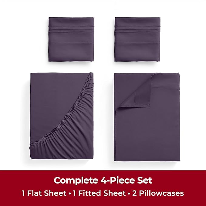 Mellanni Twin XL Sheets Set - 4 Piece Iconic Collection Bedding Sheets & Pillowcases - Soft, Cooling Bed Sheets - Deep Pocket up to 16 inch - 4 PC (Twin Extra Long, Purple w/Extra Pillow Case) - LeafyLoom