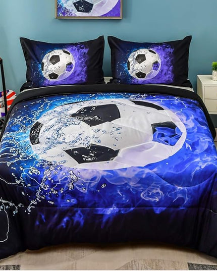 Andency Soccer Comforter Twin(66x90 Inch), 2 Pieces(1 Soccer Comforter, 1 Pillowcase) Blue Flame Soccer Comforter Set Sport Microfiber Bedding Set for Boy Girl Kids, Teen - LeafyLoom