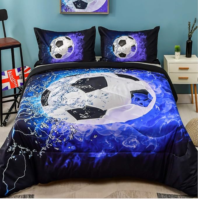 Andency Soccer Comforter Twin(66x90 Inch), 2 Pieces(1 Soccer Comforter, 1 Pillowcase) Blue Flame Soccer Comforter Set Sport Microfiber Bedding Set for Boy Girl Kids, Teen - LeafyLoom