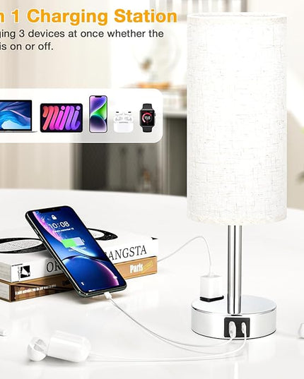 Light Beige Touch Nightstand Lamps - 3 Way Dimmable Bedside Table Lamps Set of 2 for Bedroom with USB C and A Ports, Small Desk Lamps with AC Outlet for Kids Dorm Nursery, Silver Base - LeafyLoom