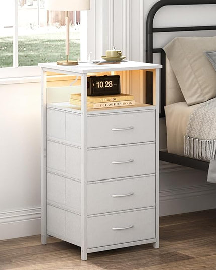 Fixwal Dresser for Bedroom, LED Tall Nightstand with Charging Station Night Stand with USB Ports and Outlets, 4 Fabric Storage Drawers with PU Finish, Bed Side Table, White - LeafyLoom