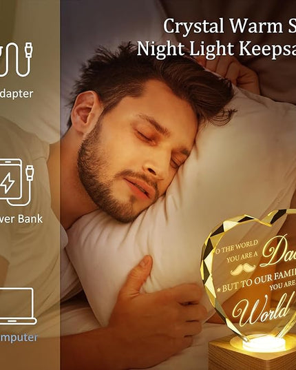 Birthday Gift To My Dad, 3D Heart Shape Crystal Plaque, Engraved Night Light Lamp Presents for Dad, Best Dad Ever, 3D LED BOX Birthday Thank You Gifts with 100% Solid Wooden Base Greeting Card - LeafyLoom