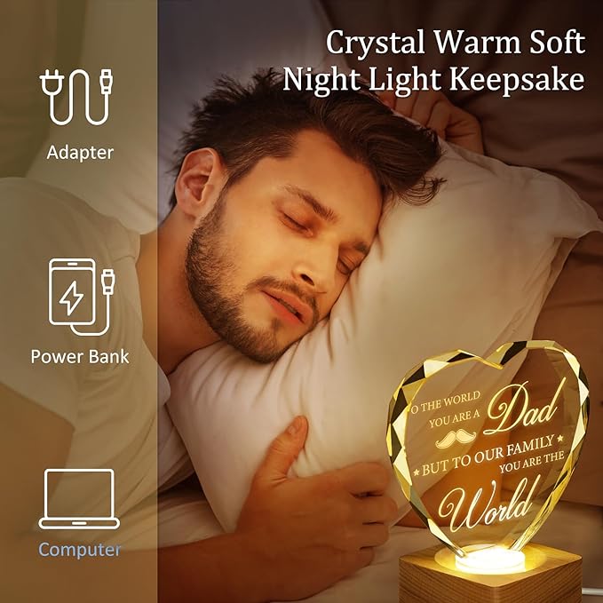 Birthday Gift To My Dad, 3D Heart Shape Crystal Plaque, Engraved Night Light Lamp Presents for Dad, Best Dad Ever, 3D LED BOX Birthday Thank You Gifts with 100% Solid Wooden Base Greeting Card - LeafyLoom