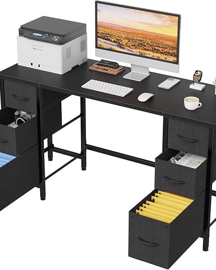 55'' Office Desk with 6 Fabric File Drawers - File Drawer Organization, Computer Work Desk, Study Writing Table, Home Office Workstation, Black. - LeafyLoom