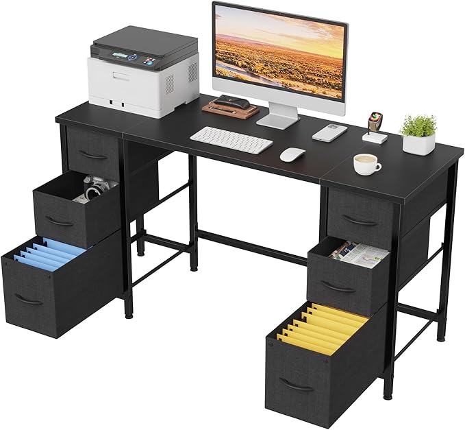 55'' Office Desk with 6 Fabric File Drawers - File Drawer Organization, Computer Work Desk, Study Writing Table, Home Office Workstation, Black. - LeafyLoom