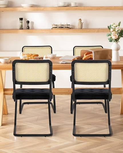 COLAMY Mid Century Modern Dining Chairs Set of 2, Velvet Rattan Dining Room Kitchen Side Chairs with Upholstered Seat and Metal Chrome Legs for Home, Living Room, Bedroom - Black - LeafyLoom