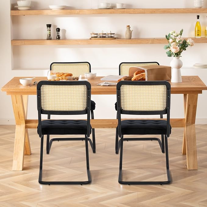COLAMY Mid Century Modern Dining Chairs Set of 2, Velvet Rattan Dining Room Kitchen Side Chairs with Upholstered Seat and Metal Chrome Legs for Home, Living Room, Bedroom - Black - LeafyLoom