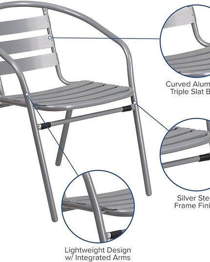Flash Furniture Lila 31.5'' Square Glass Table with 4 Metal Aluminum Slat Stack Chairs, Silver - LeafyLoom