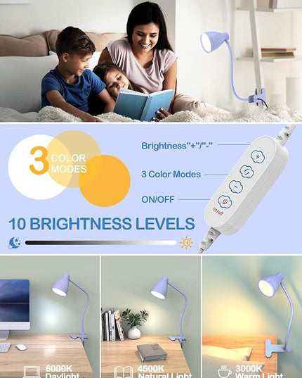 BOHON Desk Lamp with Clamp, 10W 38 LED Clip on Light, 3 Color 10 Brightness Auto Off Timer, Flexible Gooseneck Clip Lamp, Desk Lights for Office Home Bed Bedside Reading, Lilac Purple - LeafyLoom