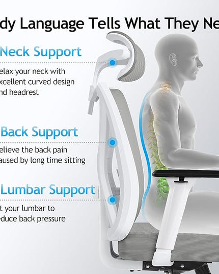 KERDOM Ergonomic Office Chair, Rolling Swivel Executive Desk Chair, Breathable Mesh Gaming Chair with Adjustable Headrest, 3D Armrest and Lumbar Support for Home Office LightGray - LeafyLoom