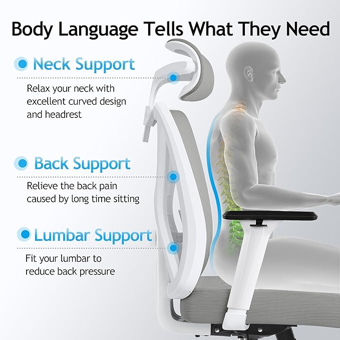 KERDOM Ergonomic Office Chair, Rolling Swivel Executive Desk Chair, Breathable Mesh Gaming Chair with Adjustable Headrest, 3D Armrest and Lumbar Support for Home Office LightGray - LeafyLoom