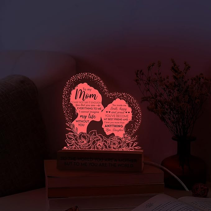 Gifts for Mom from Daughter Son, Mom Birthday Gifts 3D Illusion Lamp, Acrylic Night Light for Mom Stepmom Wife Daughter from Husband, to My Mom Gifts for Mothers Day Christmas Thanksgiving - LeafyLoom
