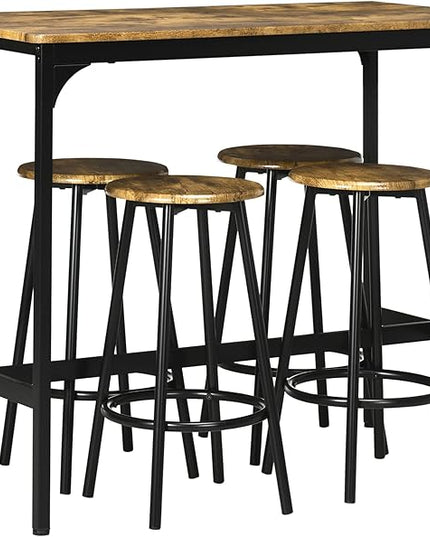 HOMCOM 5-Piece Counter Height Bar Table Set, Rustic 43.25" Dining Table with 4 Bar Stools, Kitchen Table with Wooden Top for Pub, Dining Room, Rustic Brown - LeafyLoom