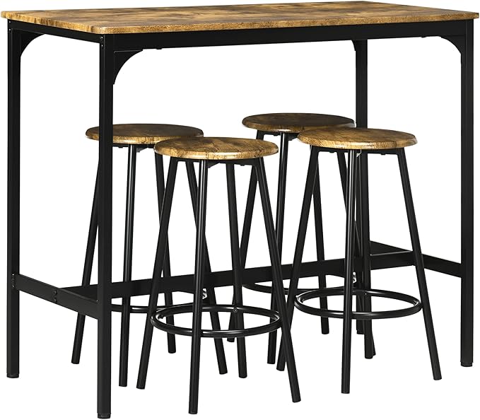 HOMCOM 5-Piece Counter Height Bar Table Set, Rustic 43.25" Dining Table with 4 Bar Stools, Kitchen Table with Wooden Top for Pub, Dining Room, Rustic Brown - LeafyLoom