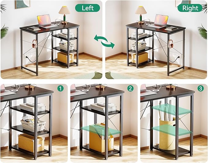 AODK Laptop Desk Small Desk, 32 Inch Computer Desk with Power Outlet and USB & Type-C Charging Port, Writing Desk with 3-Tier Reversible Storage Shelf for Home Office, 32'' x 16'', Black - LeafyLoom