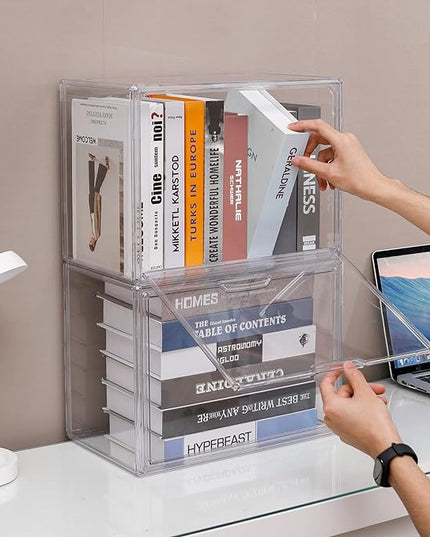 FABROK Clear Book Storage Organizer Box, Plastic Stackable Book Display Case with Magnetic Door, Assemble Storage Showcase for Toy Dolls, Books, Handbags, Shoes Organizing - LeafyLoom