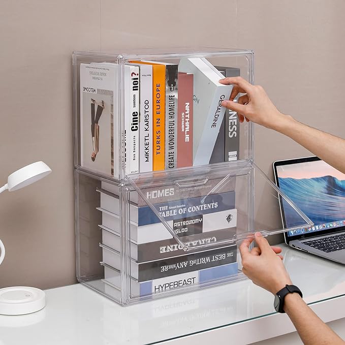 FABROK Clear Book Storage Organizer Box, Plastic Stackable Book Display Case with Magnetic Door, Assemble Storage Showcase for Toy Dolls, Books, Handbags, Shoes Organizing - LeafyLoom