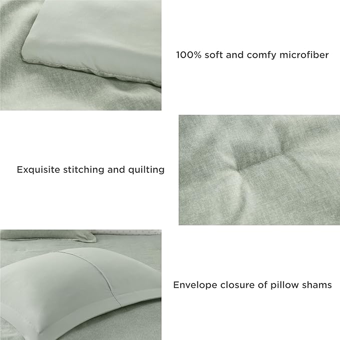 Degrees of Comfort Sage Green Comforter Set Queen Size, Lightweight for Summer with Soft Chambray Print Cover, Down Alternative Filling, 3 Pieces Bedding Including 1 Comforter, 2 Pillow Shams - LeafyLoom