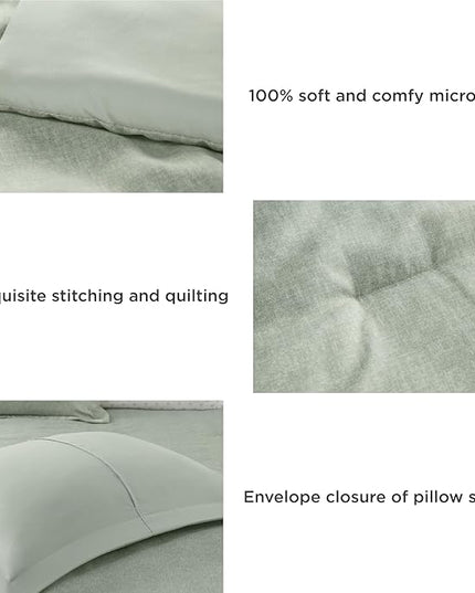 Degrees of Comfort Sage Green Comforter Set King Size, Lightweight Summer Comforters, Soft Chambray Print Cover, Down Alternative Filling, 3 Pieces Bedding Sets Including 1 Comforter and 2 Pillow Sham - LeafyLoom