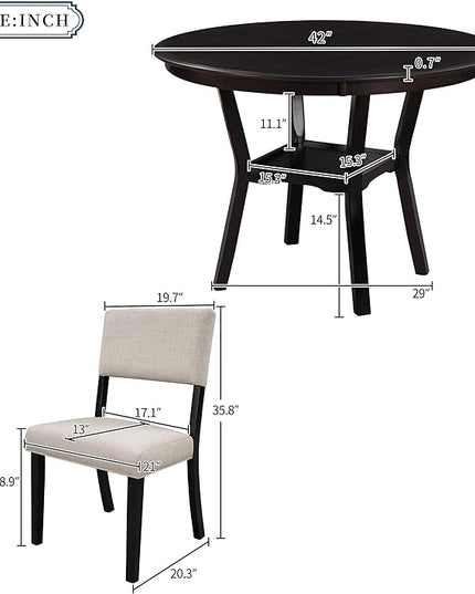 Contemporary Style Kitchen Round with Extra Bottom Shelf, 4 Large Thick Upholstered Chairs Seats, Scientific Backrest Design, Room, 5 Piece Dining Table Set, Espresso 21 - LeafyLoom