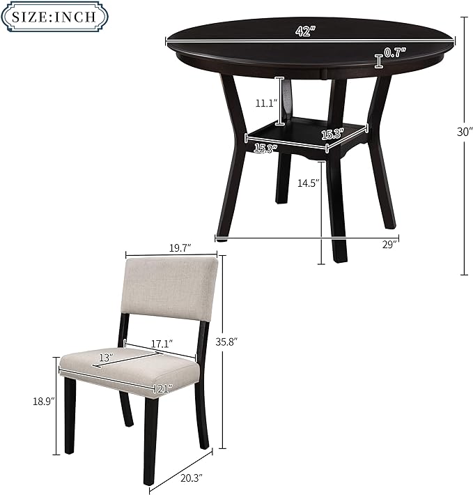 Contemporary Style Kitchen Round with Extra Bottom Shelf, 4 Large Thick Upholstered Chairs Seats, Scientific Backrest Design, Room, 5 Piece Dining Table Set, Espresso 21 - LeafyLoom