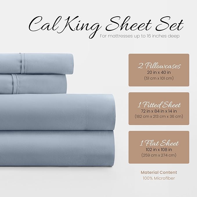 Linen Market Bed Sheets for Cal King Size Bed (Light Blue) - Sleep Better Than Ever with These Soft and Cooling California King Sheets - Deep Pocket Fits 16" Thick Beds - 4 Piece Cal King Sheet Set - LeafyLoom