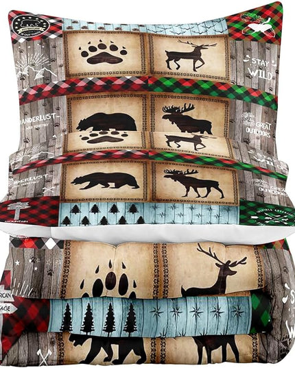 LUVIVIHOME 3PCS Rustic Farmhouse Cabin Comforter Set Full Size, Bear Elk Moose Deer Bedding Sets, Forest Animal Wildlife Hunting Country Lodge Green Red Plaid Brown Patchwork Quilt, 2 Pillow Shams - LeafyLoom