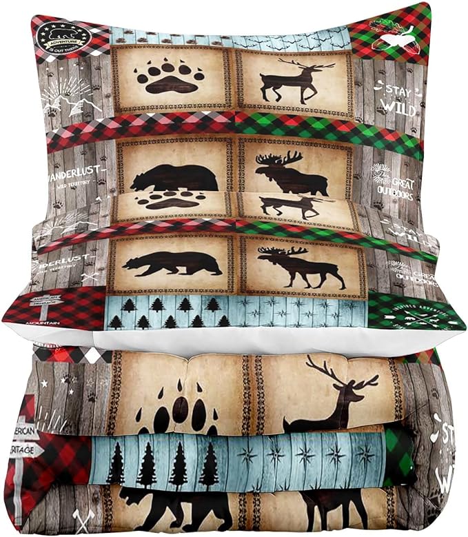 LUVIVIHOME 3PCS Rustic Farmhouse Cabin Comforter Set Queen Size, Bear Elk Moose Deer Bedding Sets, Forest Animal Wildlife Hunting Country Lodge Green Red Plaid Brown Patchwork Quilt, 2 Pillow Shams - LeafyLoom