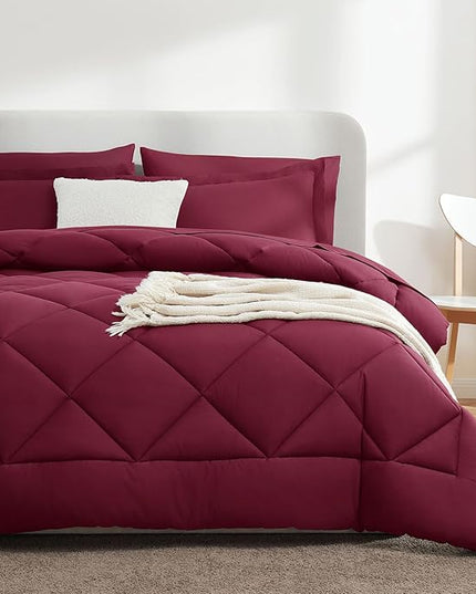 CozyLux Queen Comforter Set with Sheets 7 Pieces Bed in a Bag Burgundy All Season Bedding Sets with Comforter, Pillow Shams, Flat Sheet, Fitted Sheet and Pillowcases, Red, Queen - LeafyLoom
